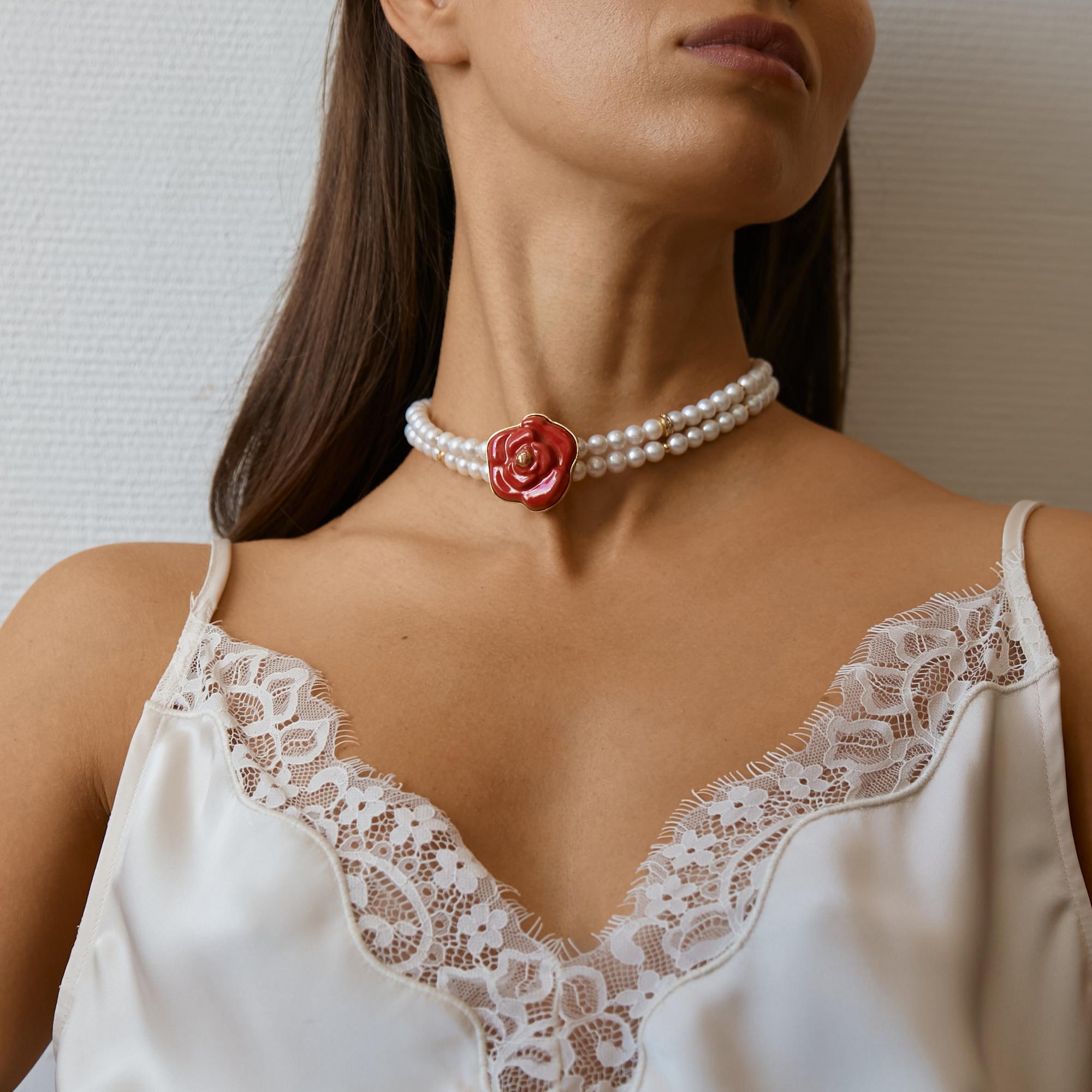 Чокер камелия красная жемчуг золото фарфор Super Premium Buylerika