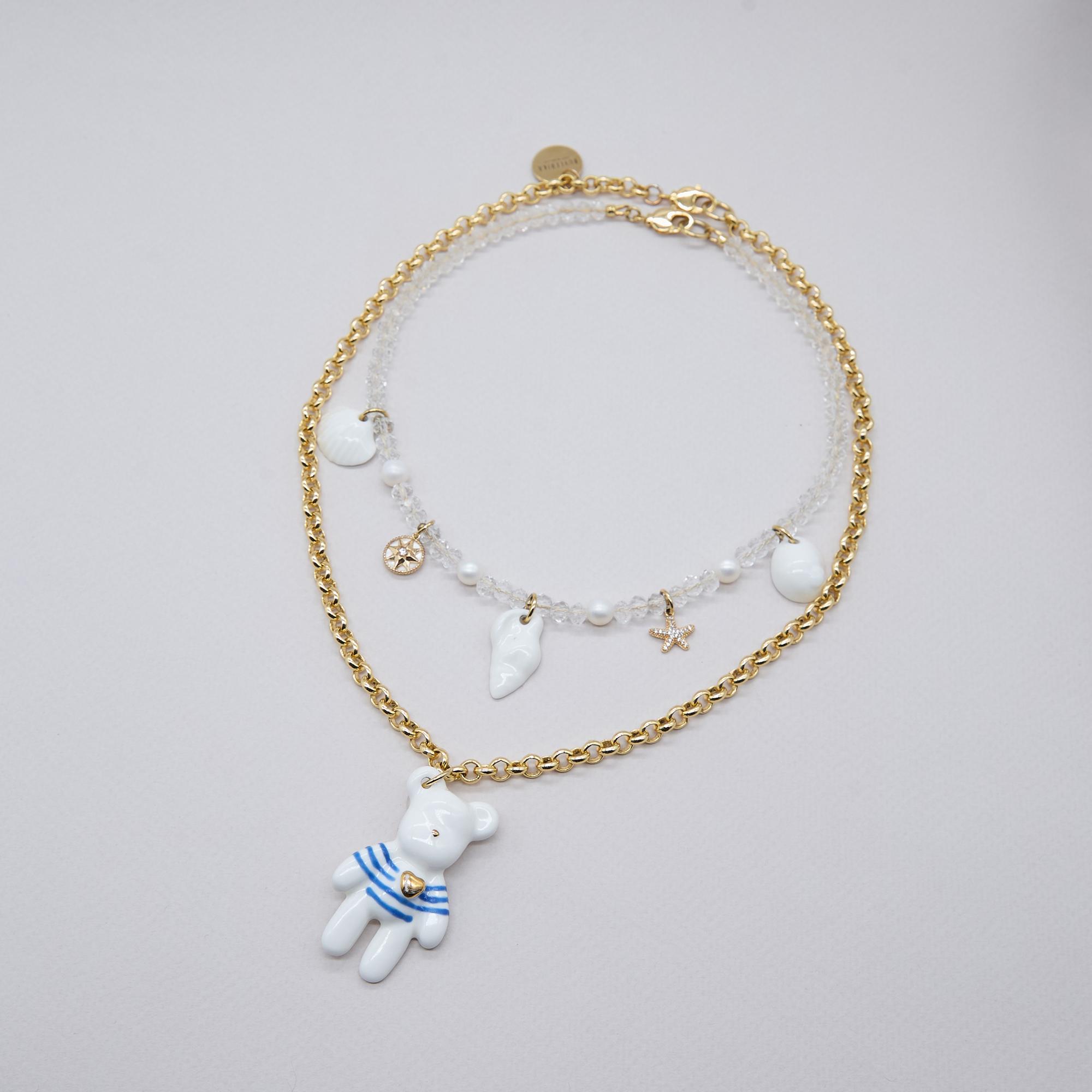 Колье многослойное мишка Готье синий ракушки фарфор Buylerika