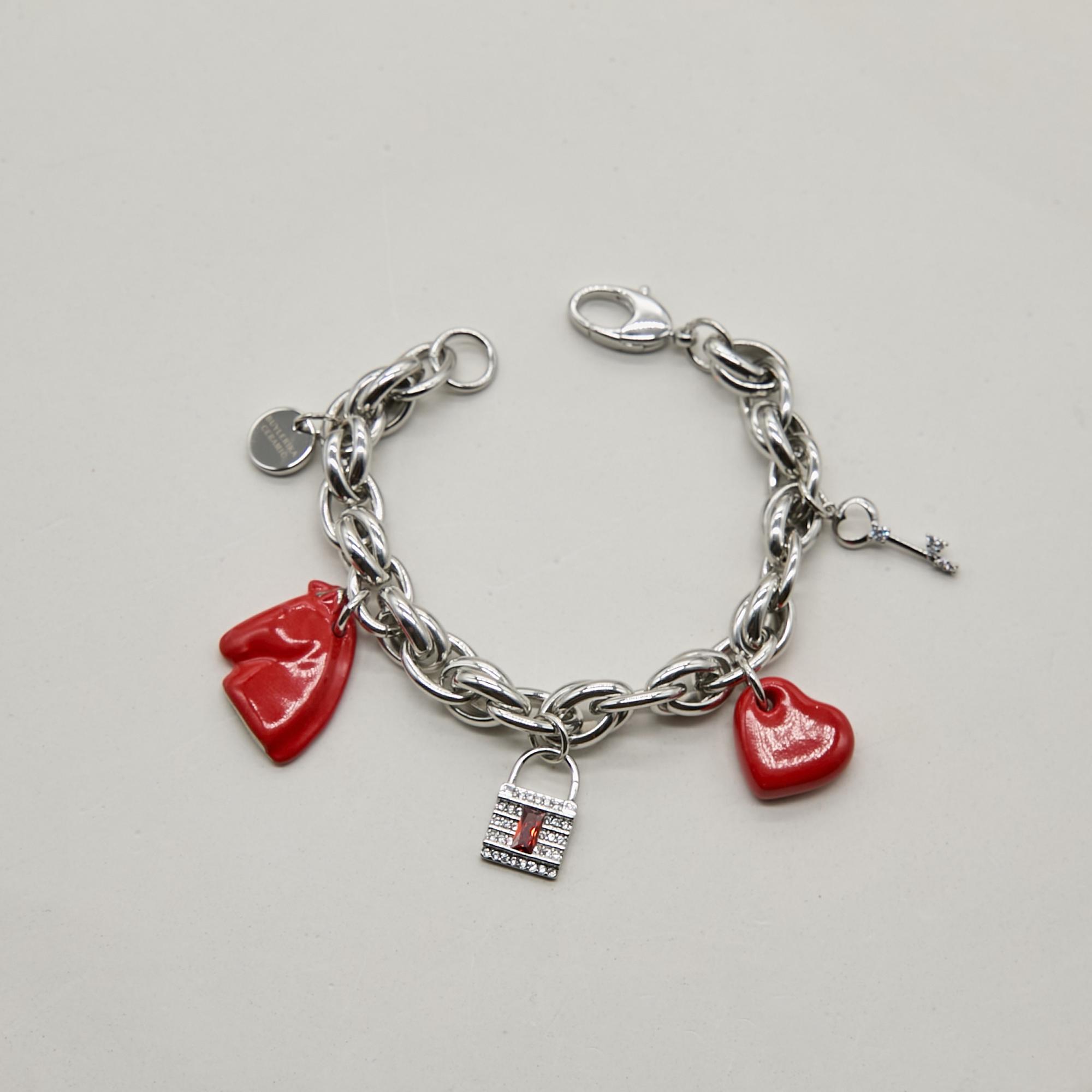 Браслет талисманы сердце лошадь замочек ключик платина фарфор Buylerika