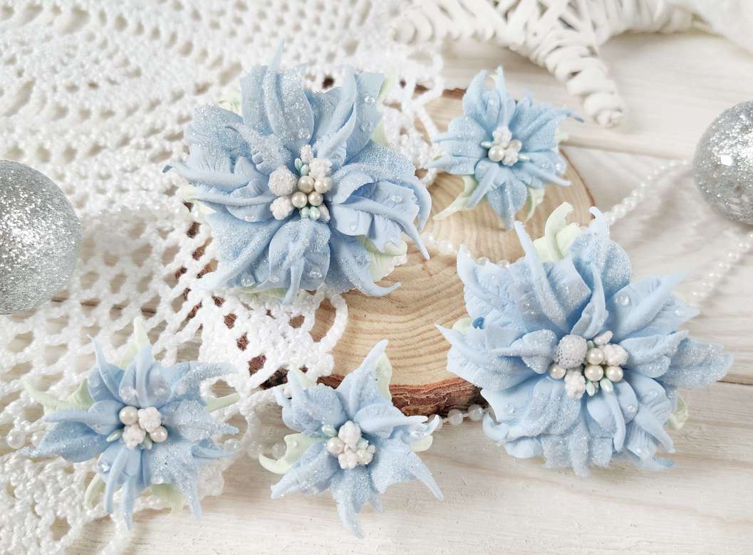 Набор цветов "Пуансенттии" голубые с напылением под иней