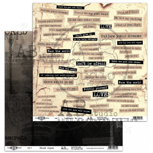 Бумага для скрапбукинга "Take me there" 3/4 - Black abyss / Letters to you  - 12'x12'