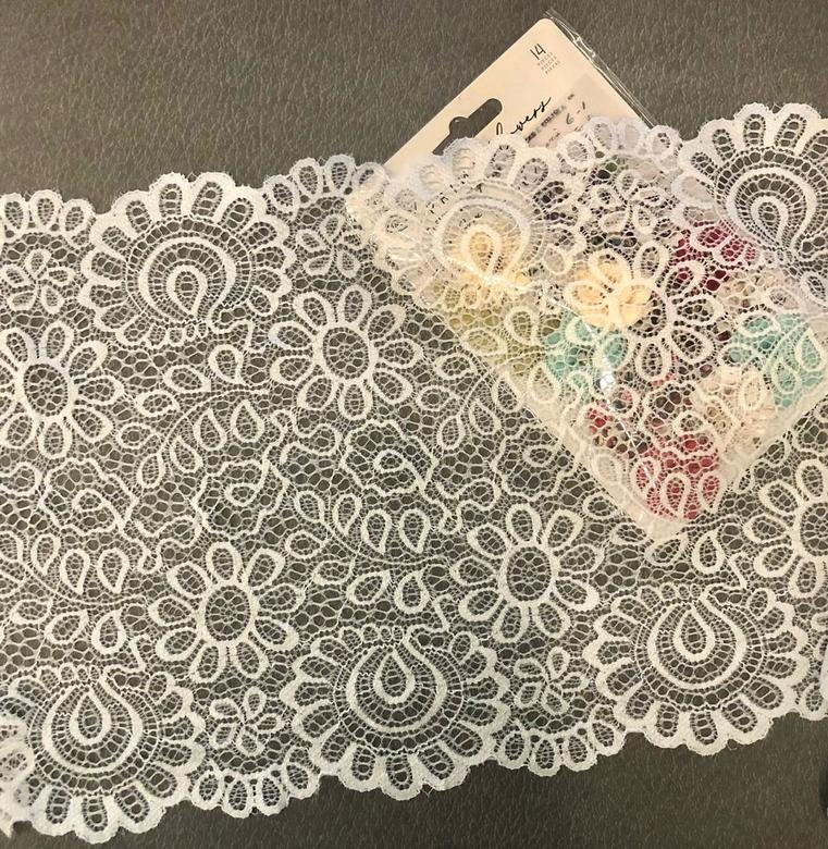 Эластичная кружевная ткань, белая, Ширина 22 см /отрез 45 см