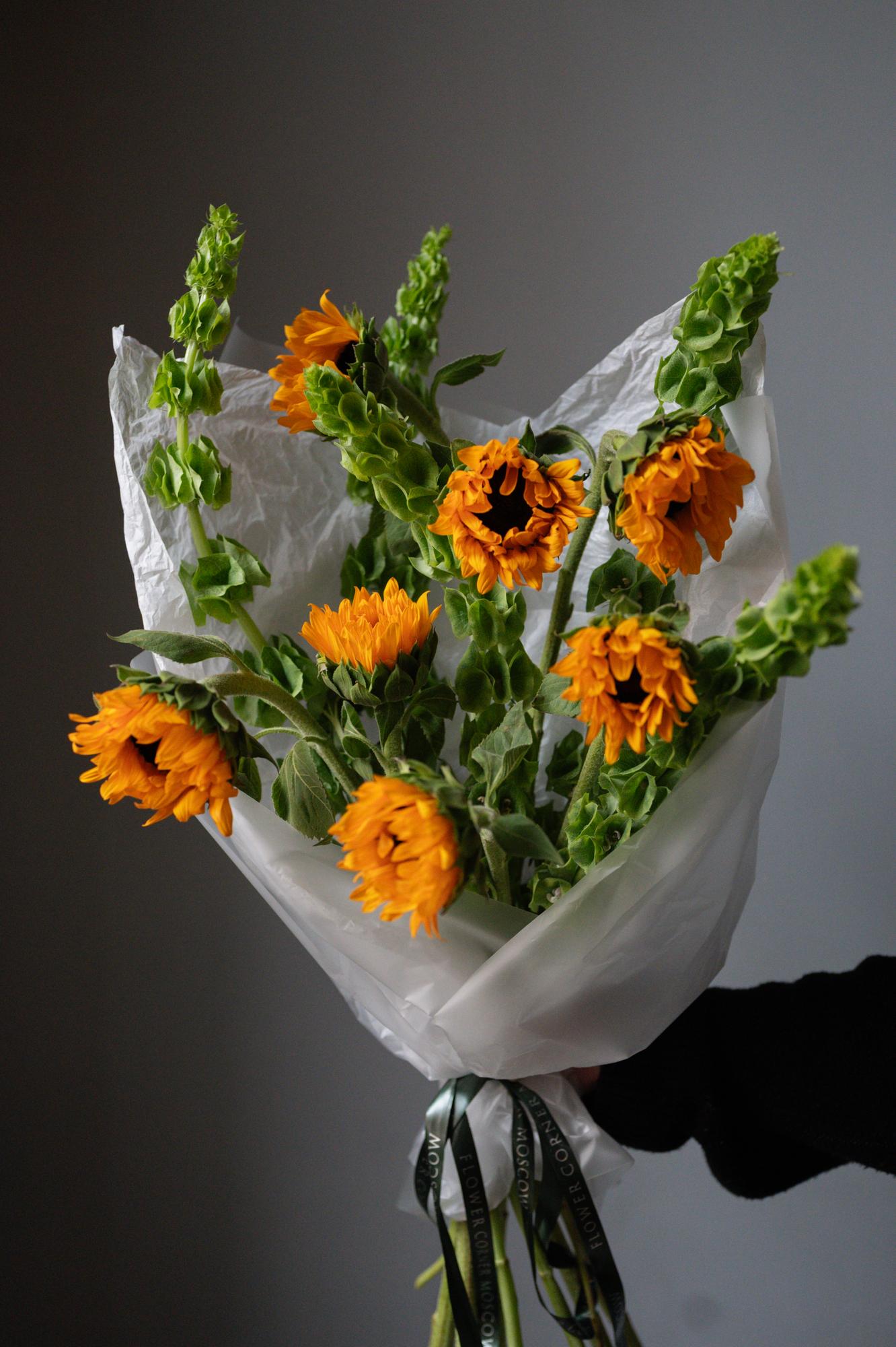 Дуо-букет с подсолнухами и молюцеллой