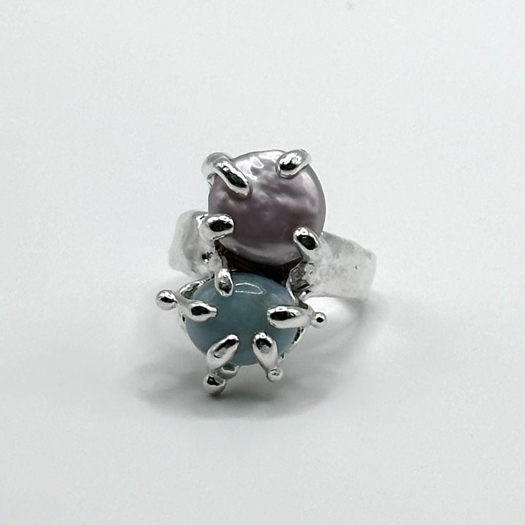 Кольцо с жемчугом и кварцем