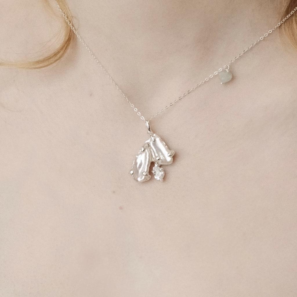 Подвеска с жемчугом, аквамарином и фианитом “Лютик”