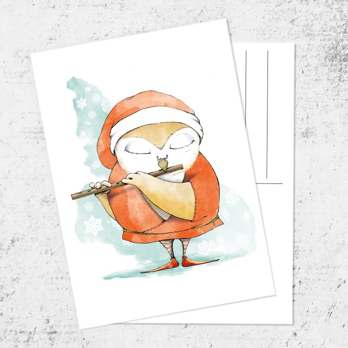 Почтовая открытка «Новогодняя флейта Краснопёрой Совы морозным солнечным утром»