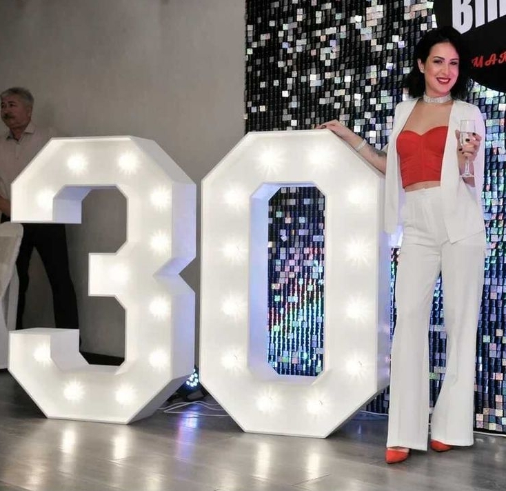 Фотозона из пайеток со светящимися цифрами