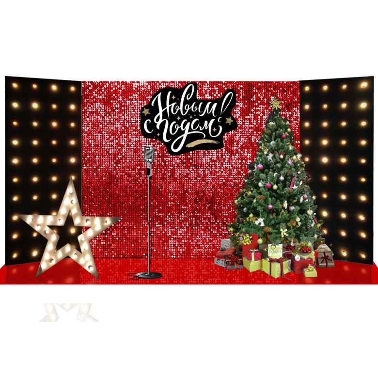 Красная фотозона с лампами на Новый год