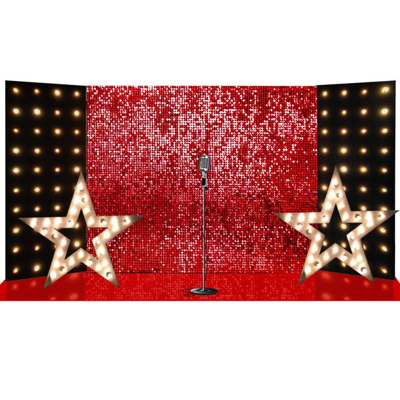 Красная мерцающая фотозона с лампочками и звездами