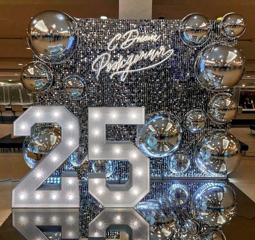 Фотозона с зеркальными шарами и цифрами на день рождения