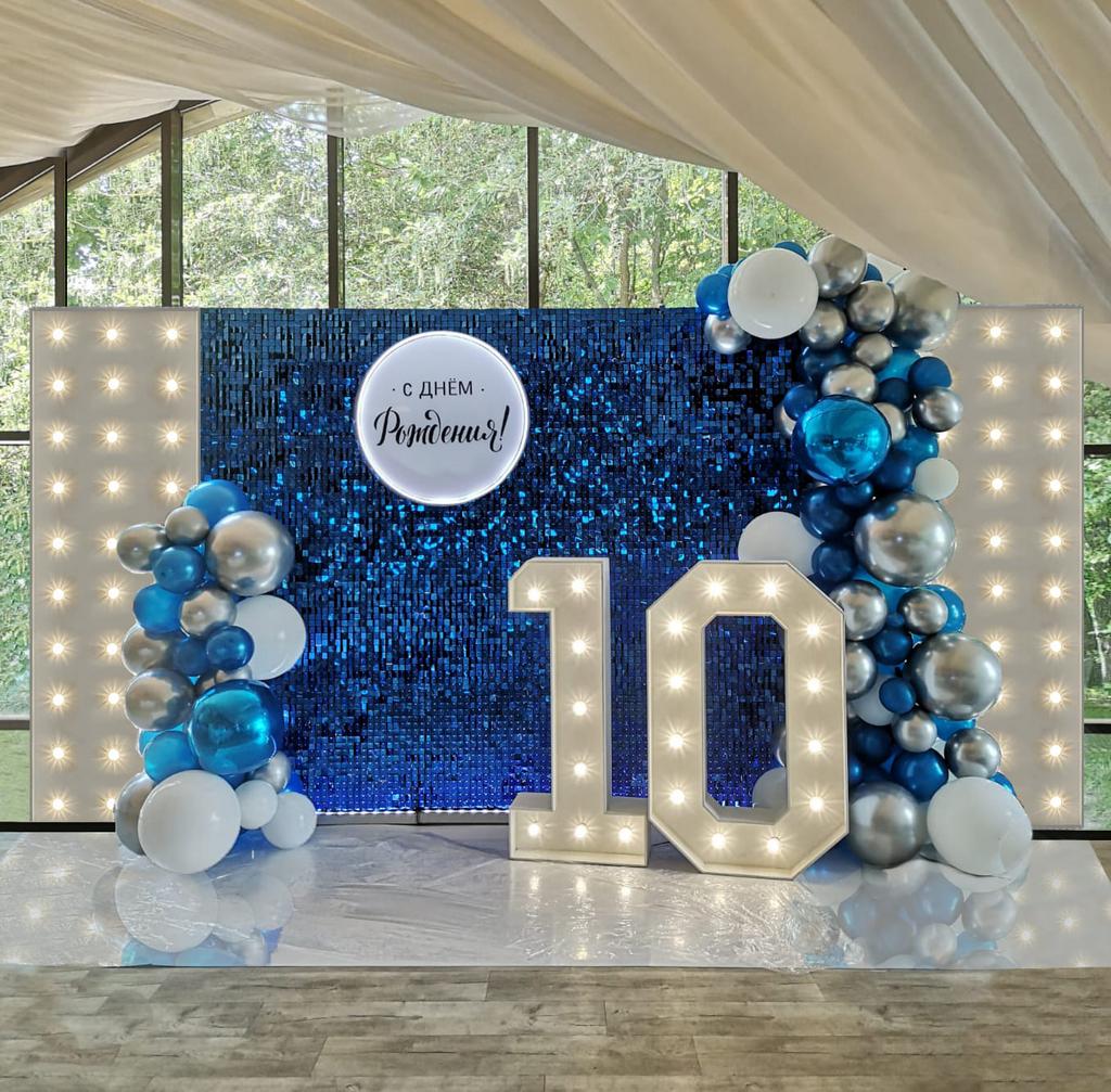 Фотозона из пайеток с лампочками на белом фоне и шарами