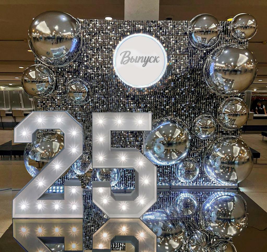 Фотозона с зеркальными шарами и цифрами на выпускной