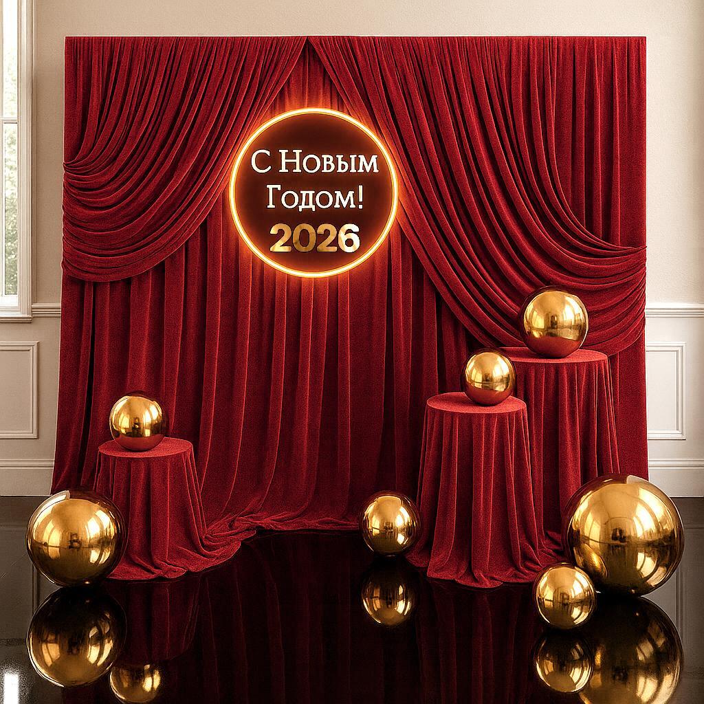 Красная фотозона с бархатной тканью, тубусами и шарами