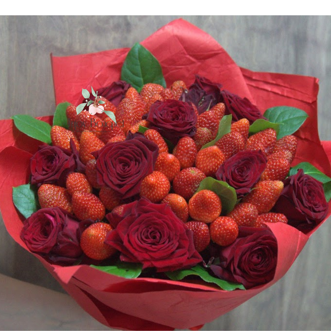 Букет из клубники и алых роз "Богема", 1 кг клубники и 11 роз