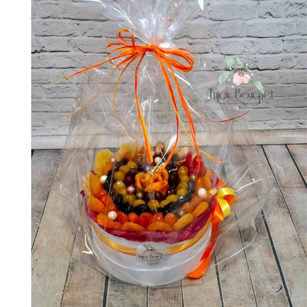 Сухофрукты в шляпной коробке "Солнышко в руках", диаметр 20 см