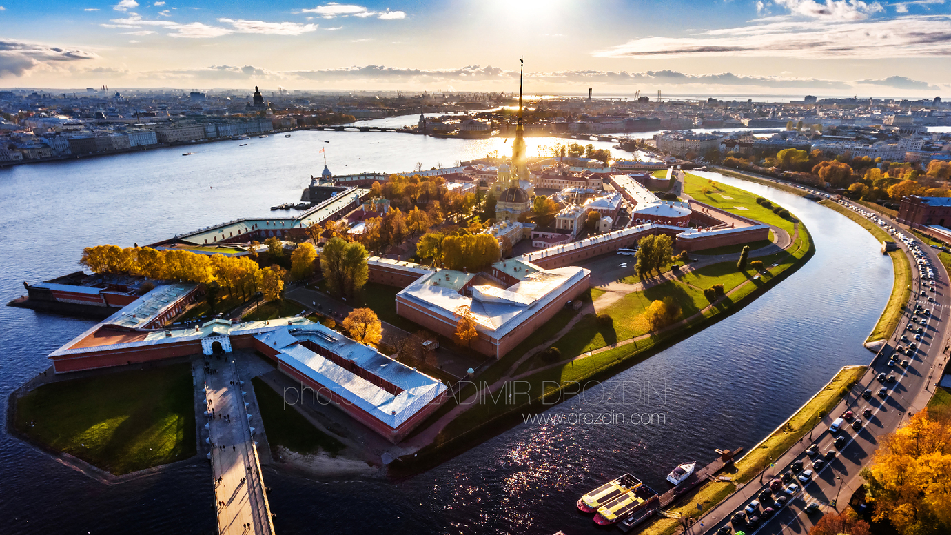 Aerial view of Peter and Paul Fortress at sunset / Saint-Petersburg / 2017