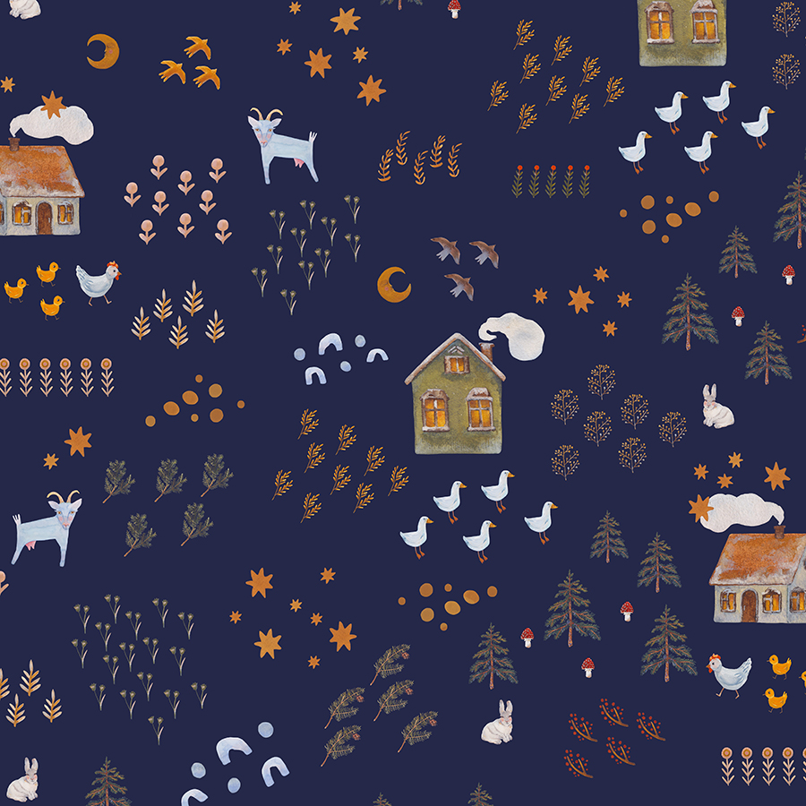 Ткань "В нашей деревне осень" / синий