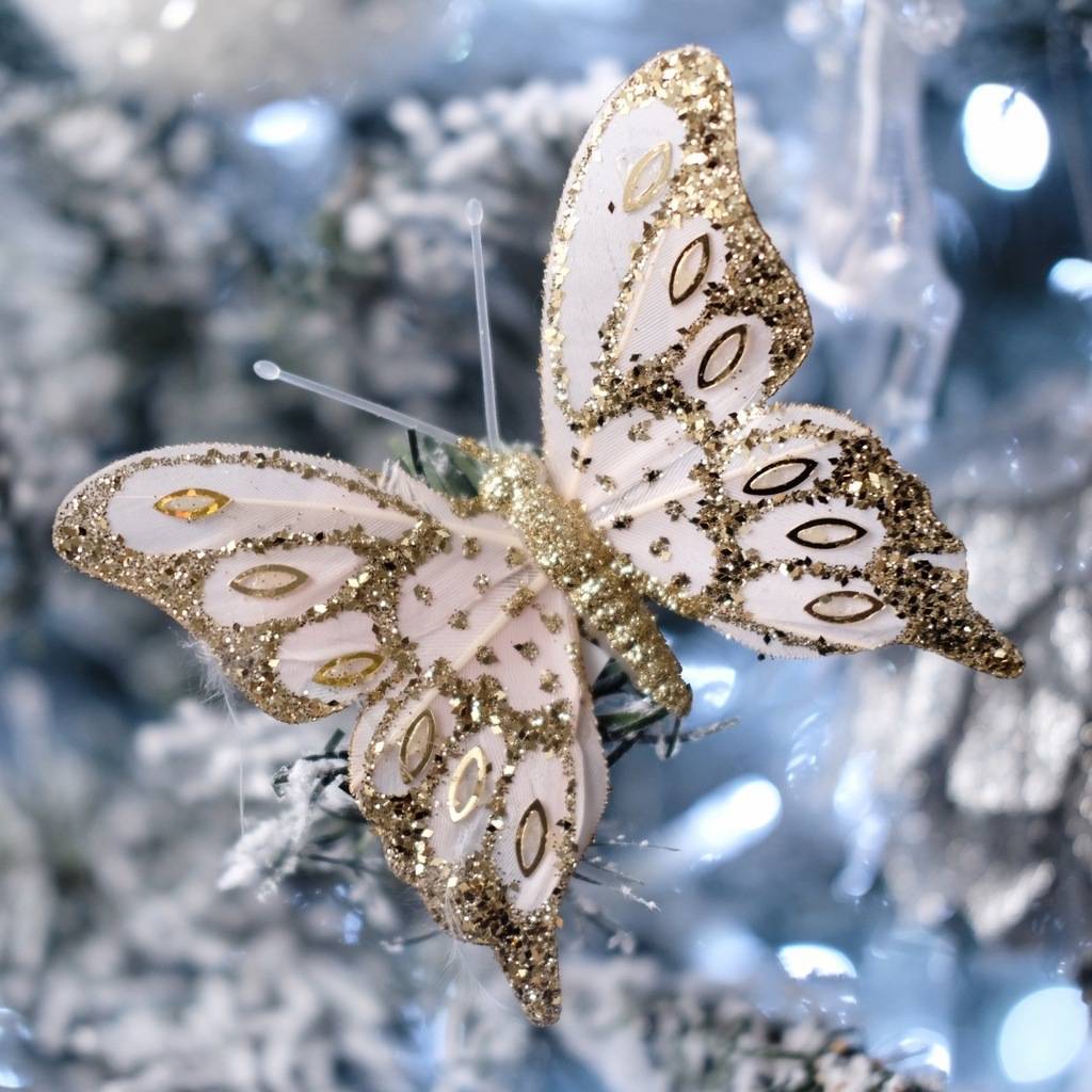 Игрушка на елку Бабочка золотая на прищепке