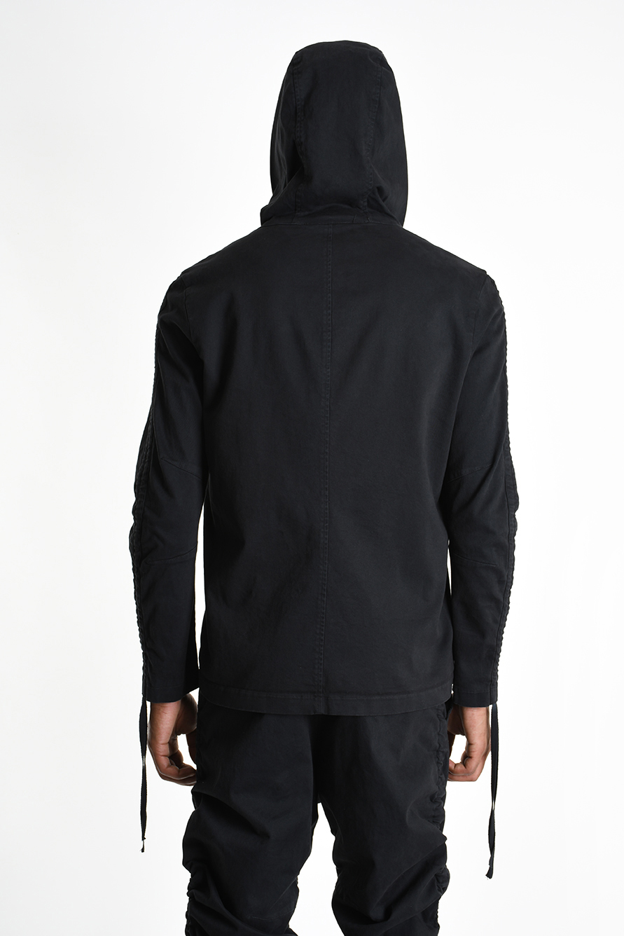 Жакет с капюшоном косой застежкой и кулисками на рукавах LH