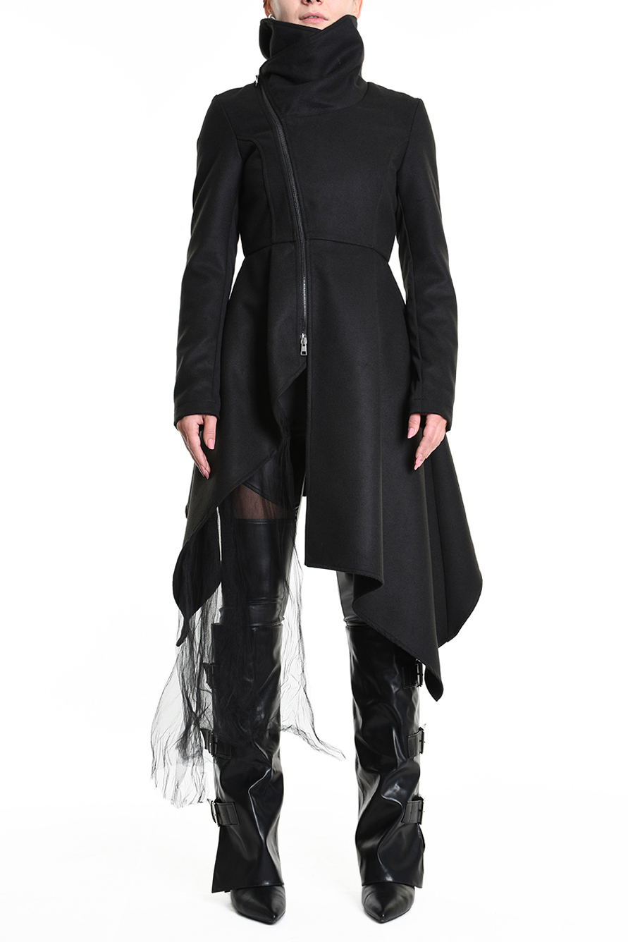 Асимметричное пальто с косой молнией и съемной вставкой из фатина LH