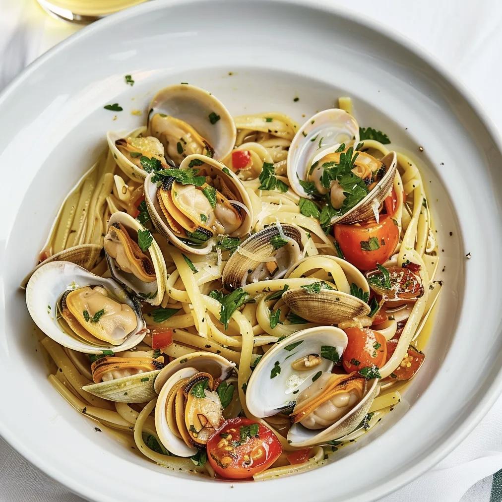 Паста Тальятелле с креветками и вонголе