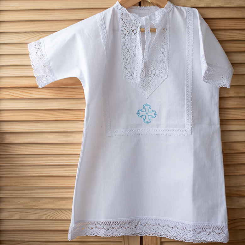 Крестильная рубашка с белым крестом "СЕРГЕЙ" р.74-80