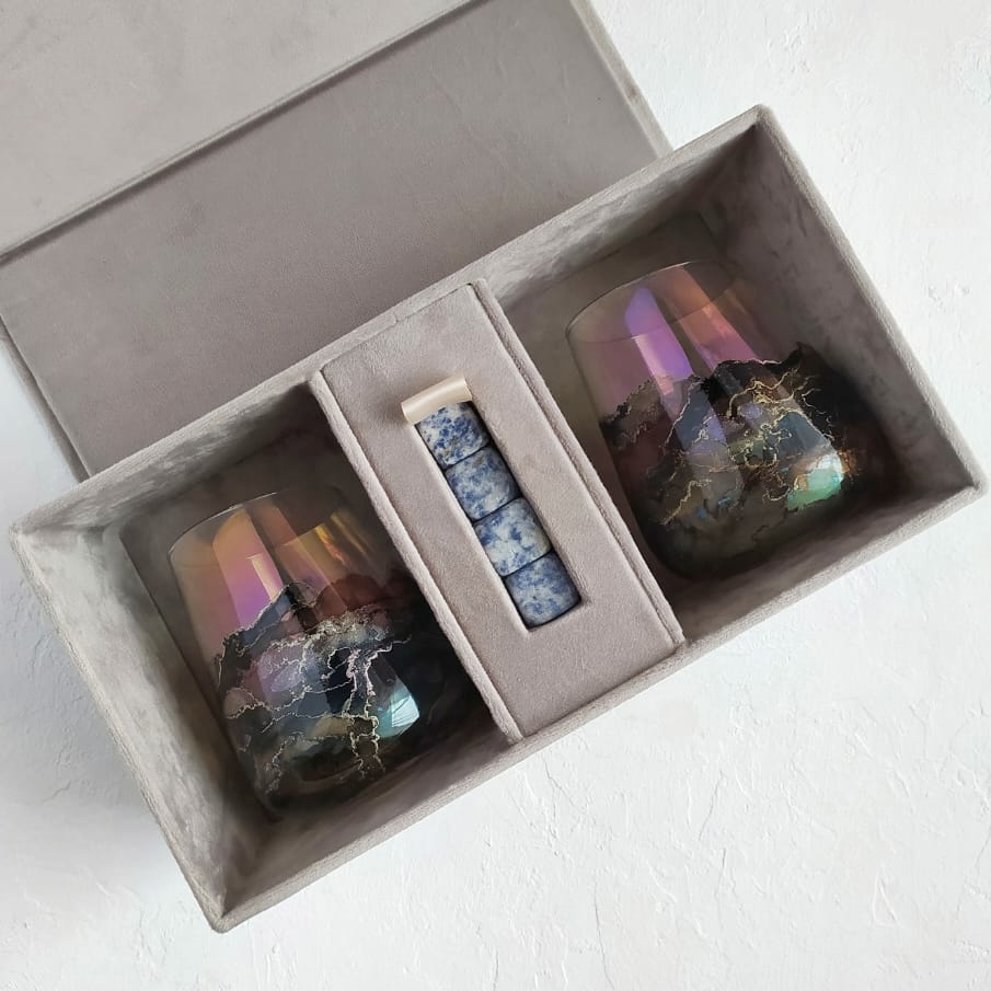 ПОДАРОЧНЫЙ НАБОР "ЛАЗУРИТ" С БОКАЛАМИ ДЛЯ КРЕПКИХ НАПИТКОВ  В БАРХАТНОМ КОРОБЕ