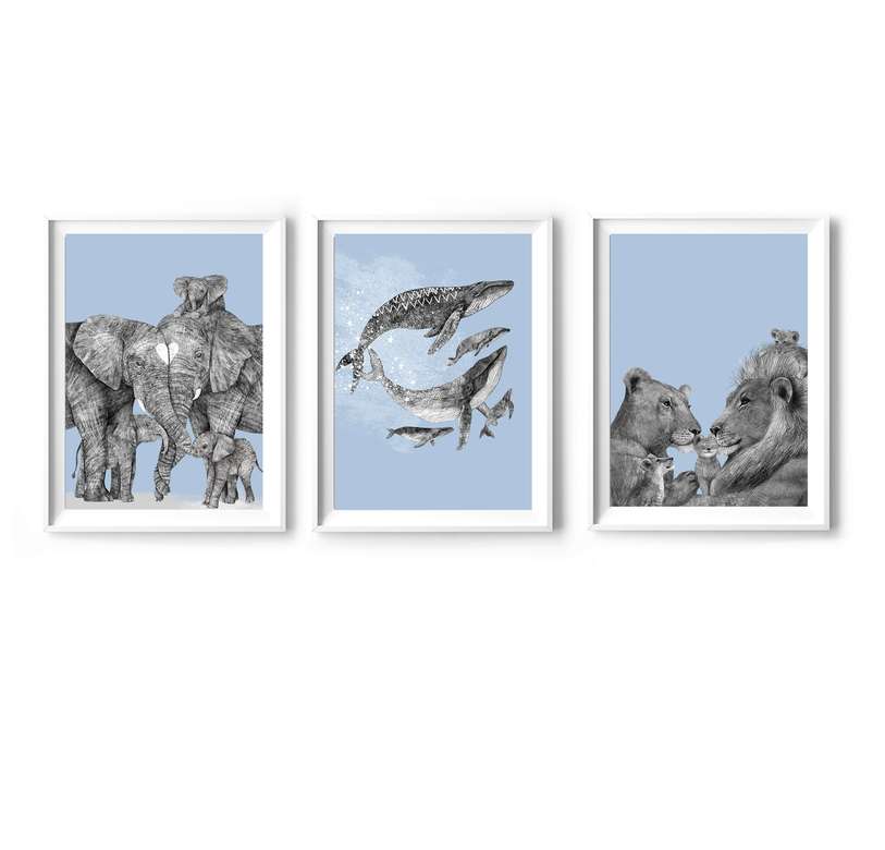 Семьи животных - триптих - в голубых тонах