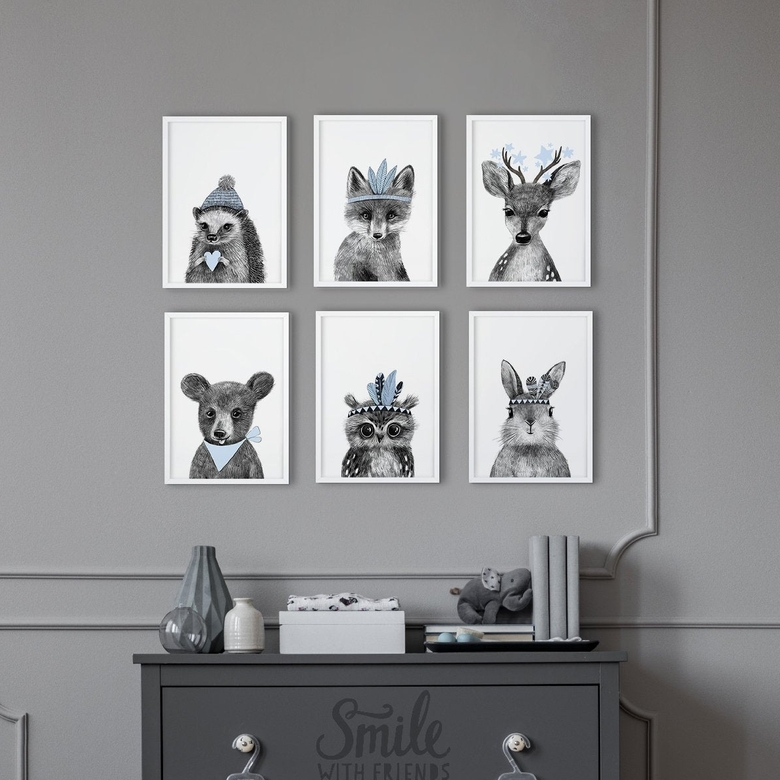 ЛЕСНЫЕ малыши c голубыми акцентами - набор постеров в детскую комнату - купить в интернет-магазине