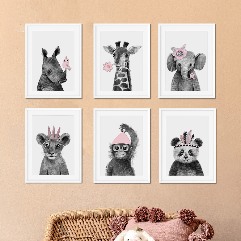 Набор постеров со зверятами для комнаты девочки - сафари