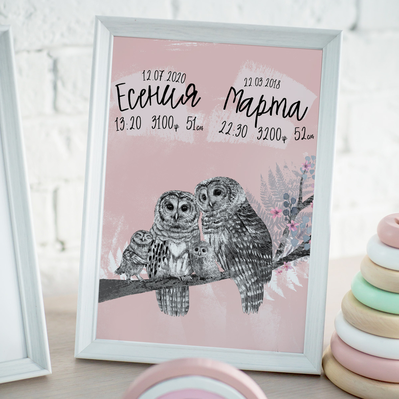 Метрика с совами для девочки