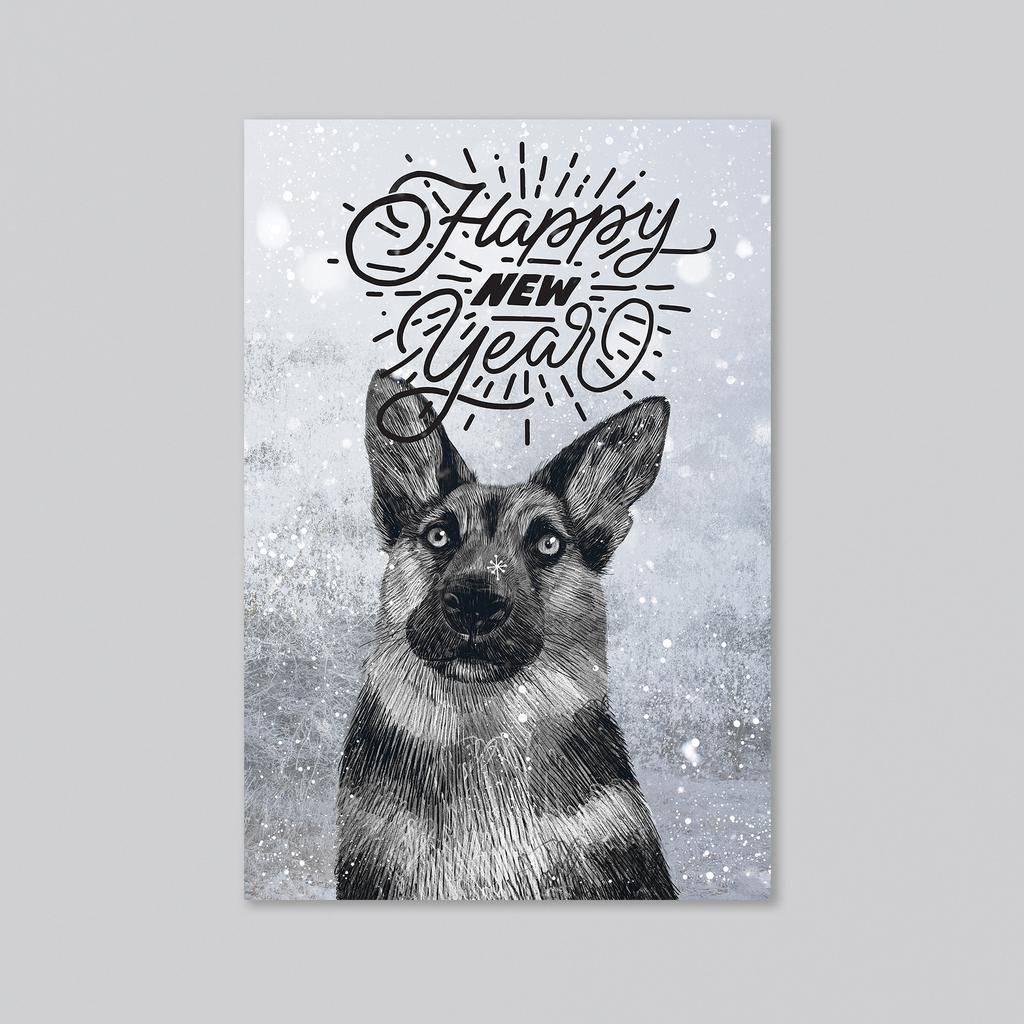 Happy new Year с овчаркой - оптовая открытка - 20 штук