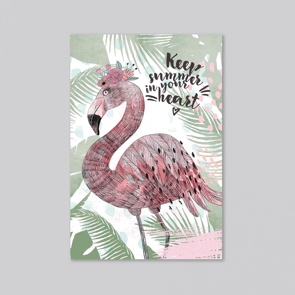 Keep summer in your heart с фламинго - оптовая открытка - 20 штук
