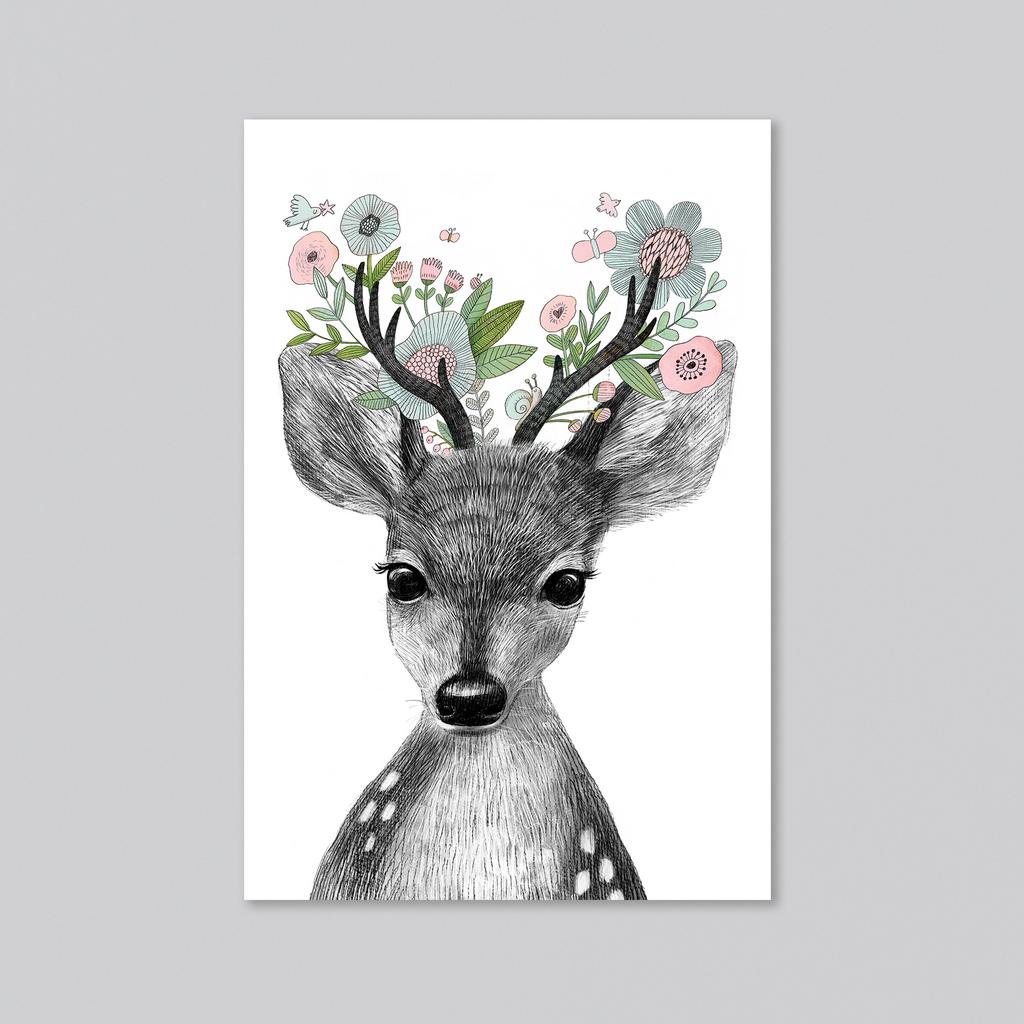Малышка олень с цветами - оптовая открытка - 20 штук