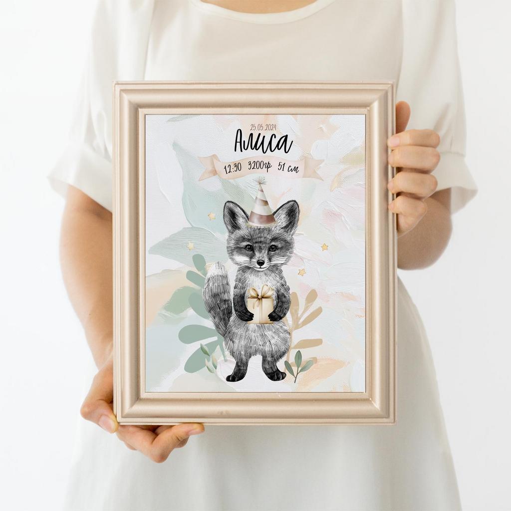 Метрика с лисичкой с колпачком и подарком - в электронном виде