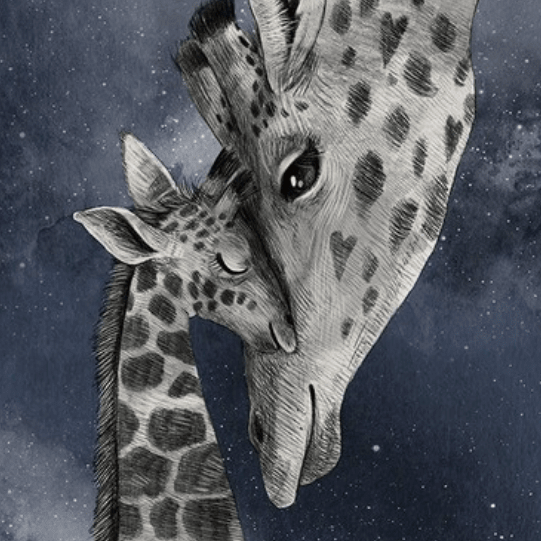 Постер Мама жираф с ребенком на темном фоне купить в интернет магазине