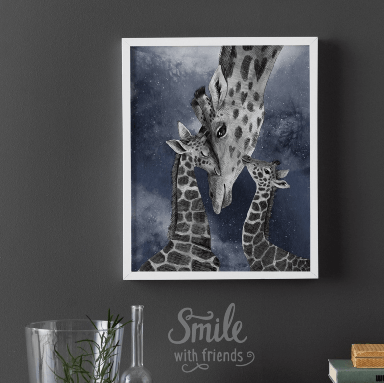 Жирафы - мама с детьми на темном фоне