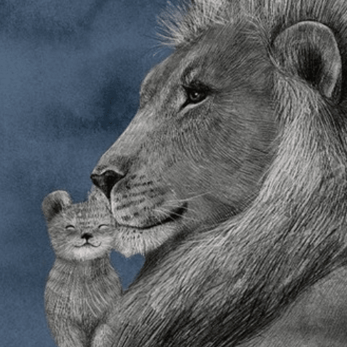 Постер Папа лев с львенком на темном фоне купить в интернет магазине