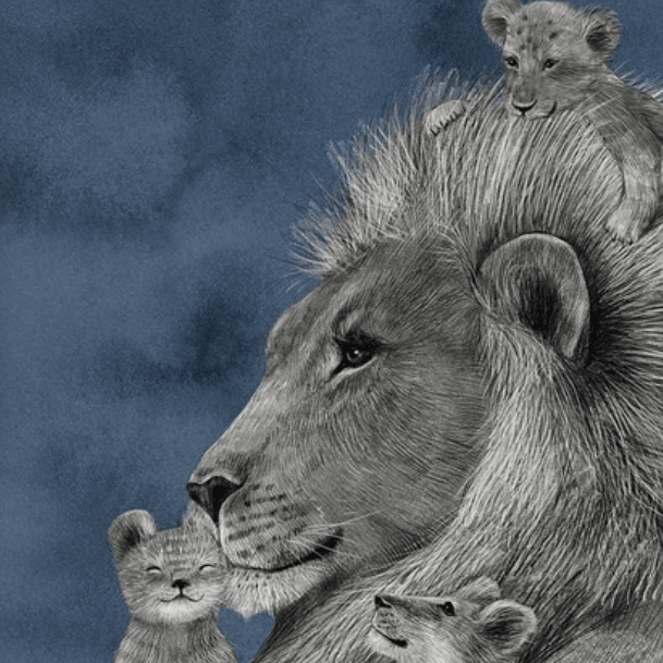 Постер Папа лев с тремя детьми на темном фоне купить в интернет магазине