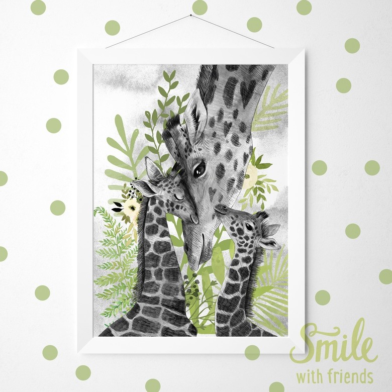 Жирафы- мама с детьми на лугу