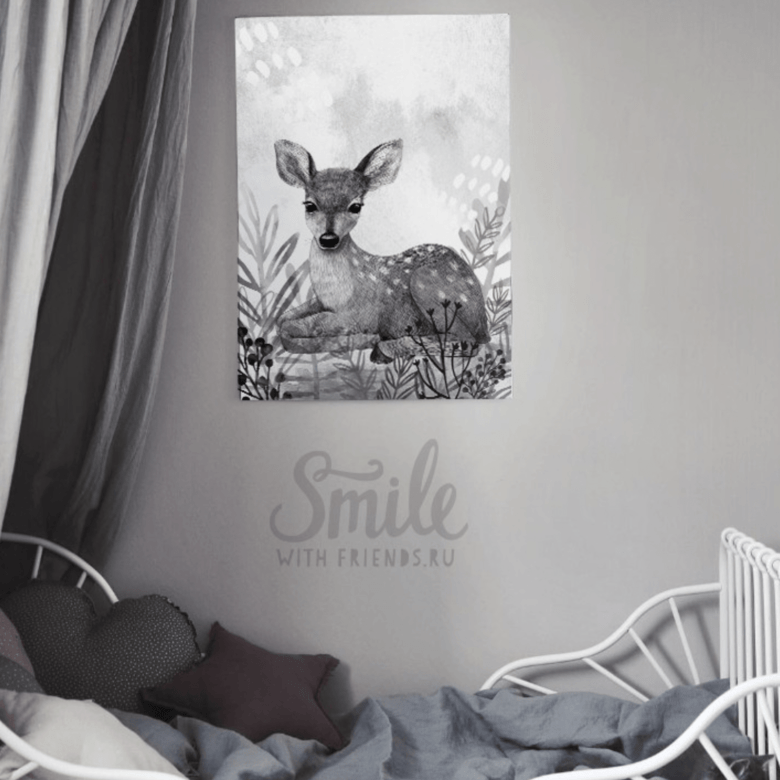 Постер Олененок на поле в серых тонах купить в интернет магазине