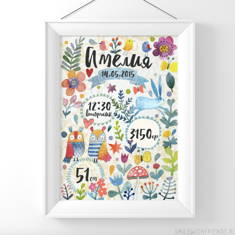 Постер - метрика с акварельными цветами, зайцами и совами купить в интернет магазине