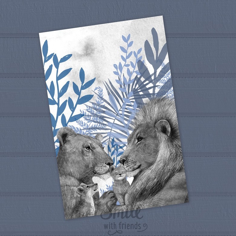 Семья львов на лугу с двумя львятами - открытка