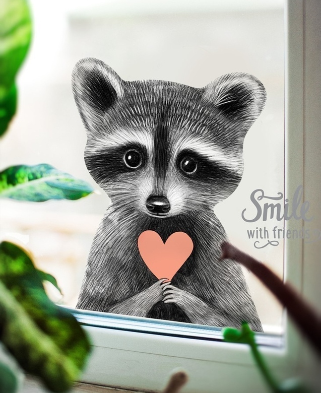 Енотик с сердечком - стикер интерьерный
