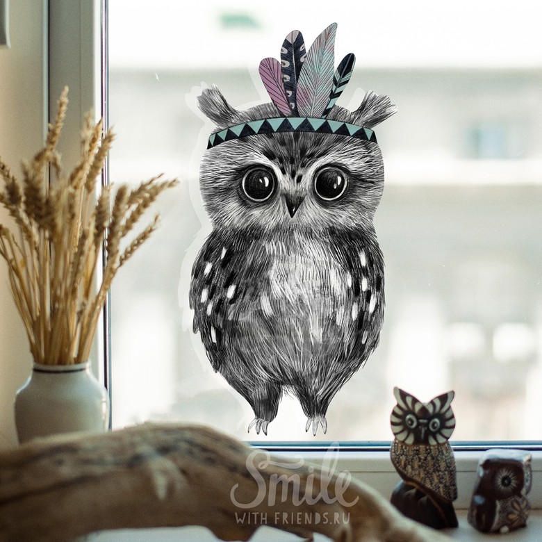 Совенок индеец - стикер интерьерный
