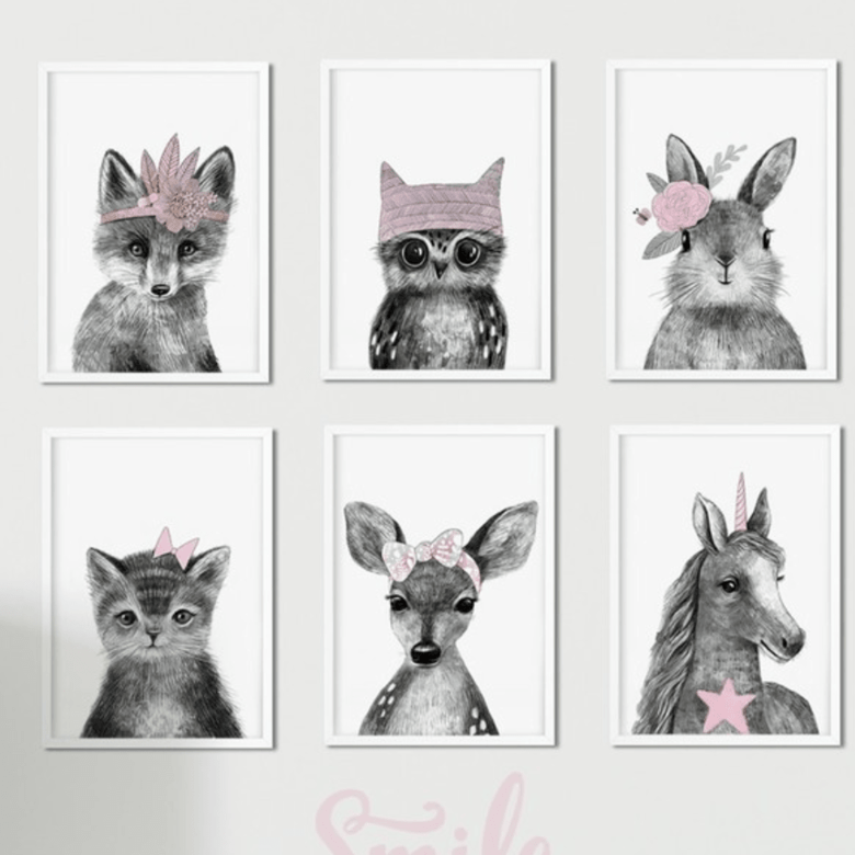Набор постеров для детской малыши - зверята в розовых тонах купить в интернет магазине