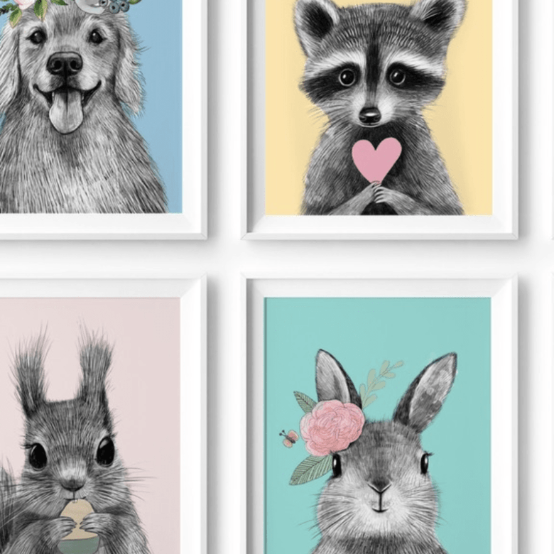 Набор постеров для детской малыши - зверята в ярких тонах купить в интернет магазине