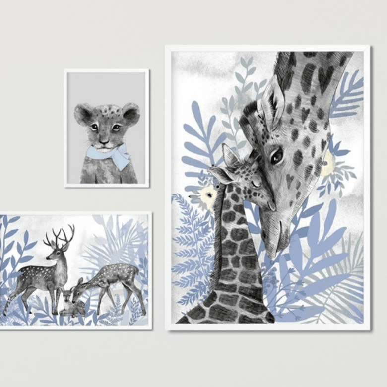 Набор постеров для гостиной или детской семьи животных в голубых тонах купить в интернет магазине