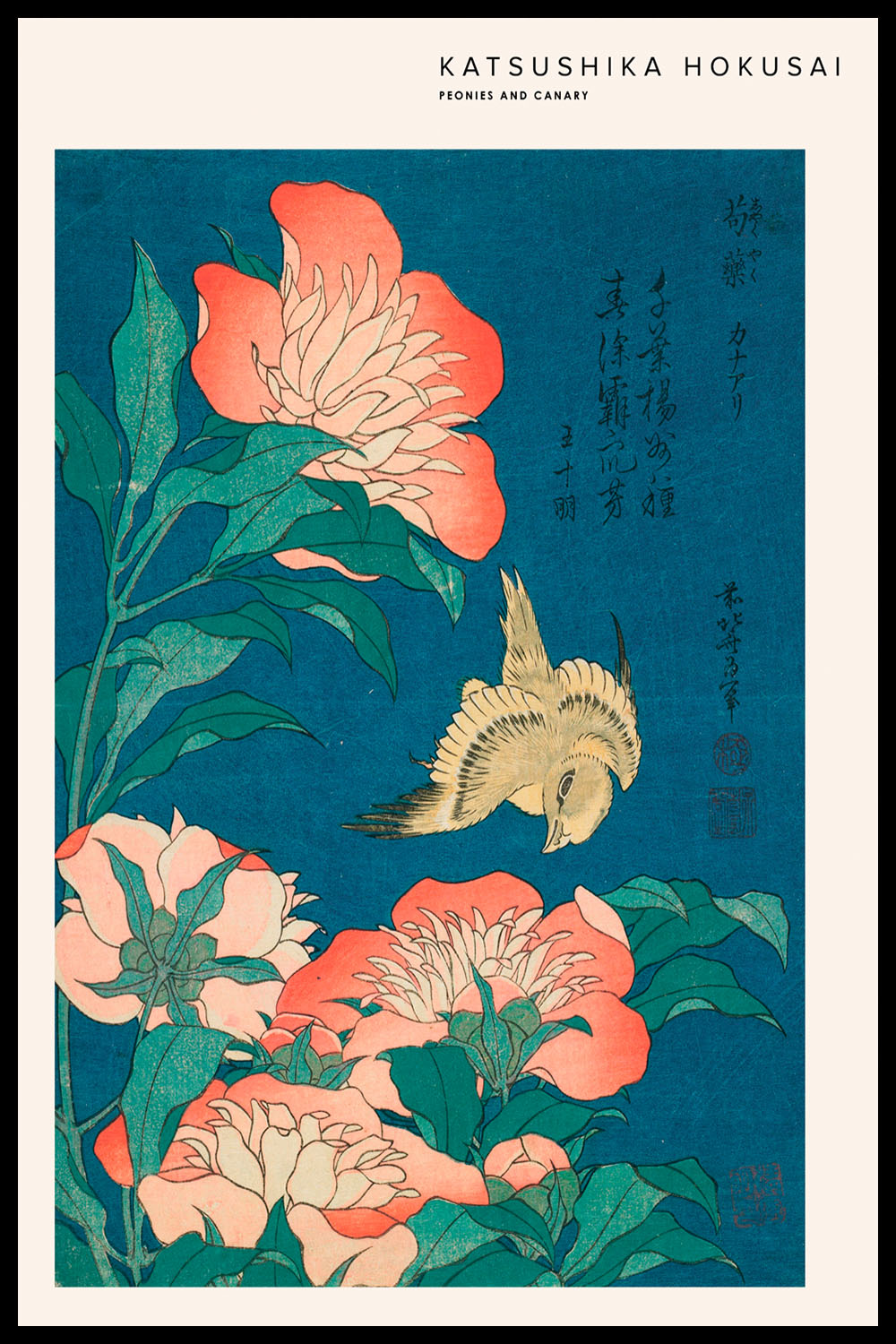 Постер Katsushika Hokusai Peonies and Canary