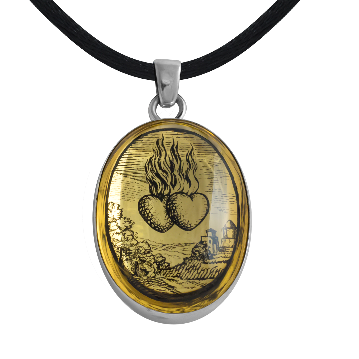 Кулон "Пламенеющие сердца" эгломизе на сапфире.